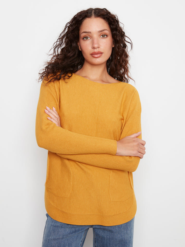 Long Sleeve Boat Neck Sweater With Pockets And Eyelets Detail At Back