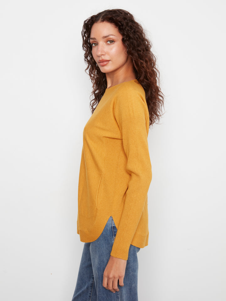 Long Sleeve Boat Neck Sweater With Pockets And Eyelets Detail At Back