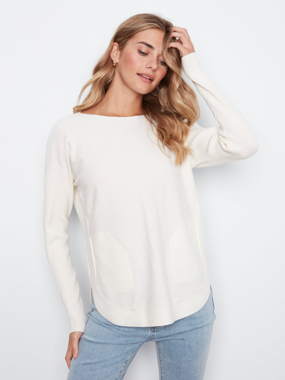 Long Sleeve Boat Neck Sweater With Pockets And Eyelets Detail At Back