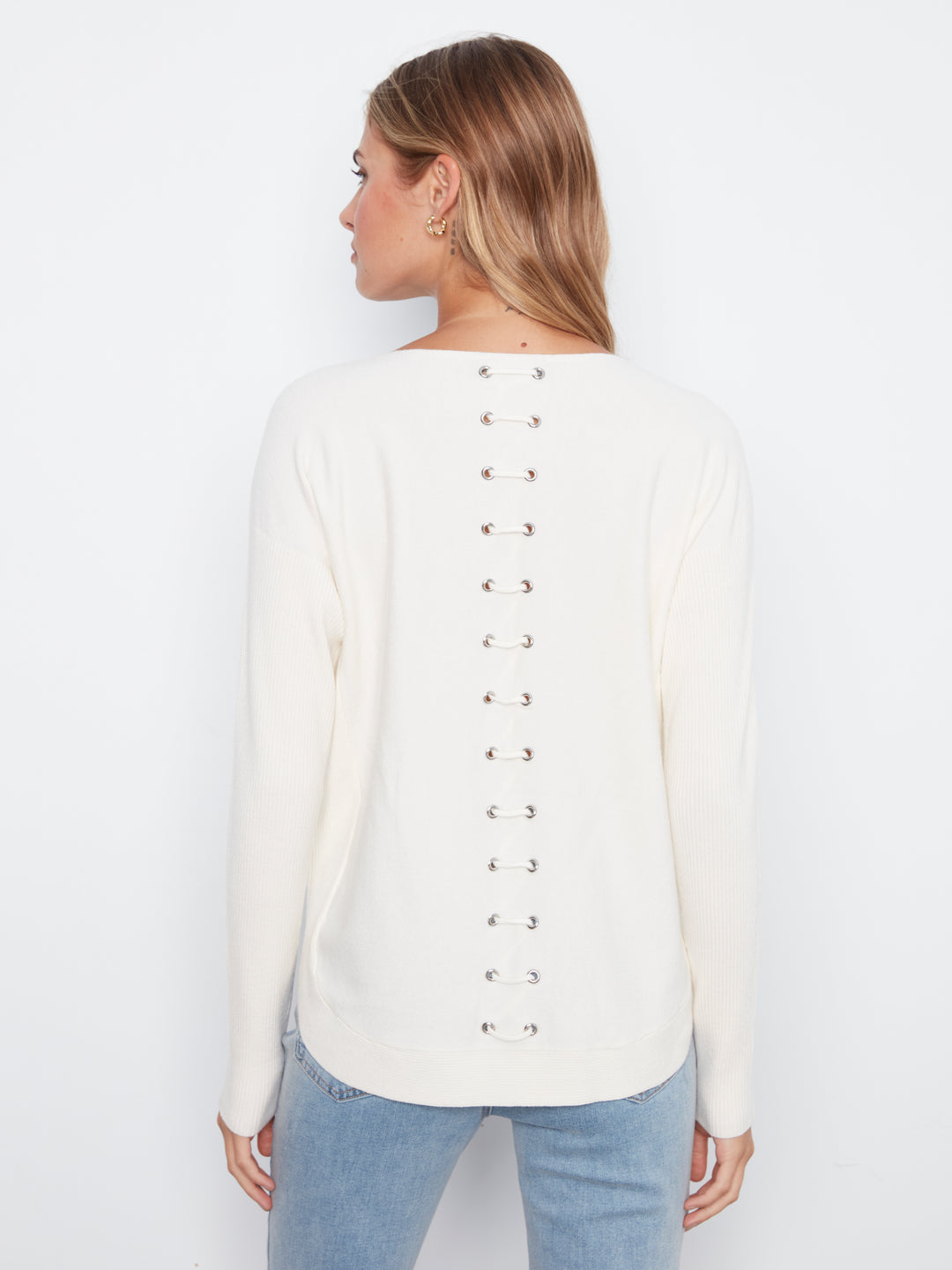 Long Sleeve Boat Neck Sweater With Pockets And Eyelets Detail At Back