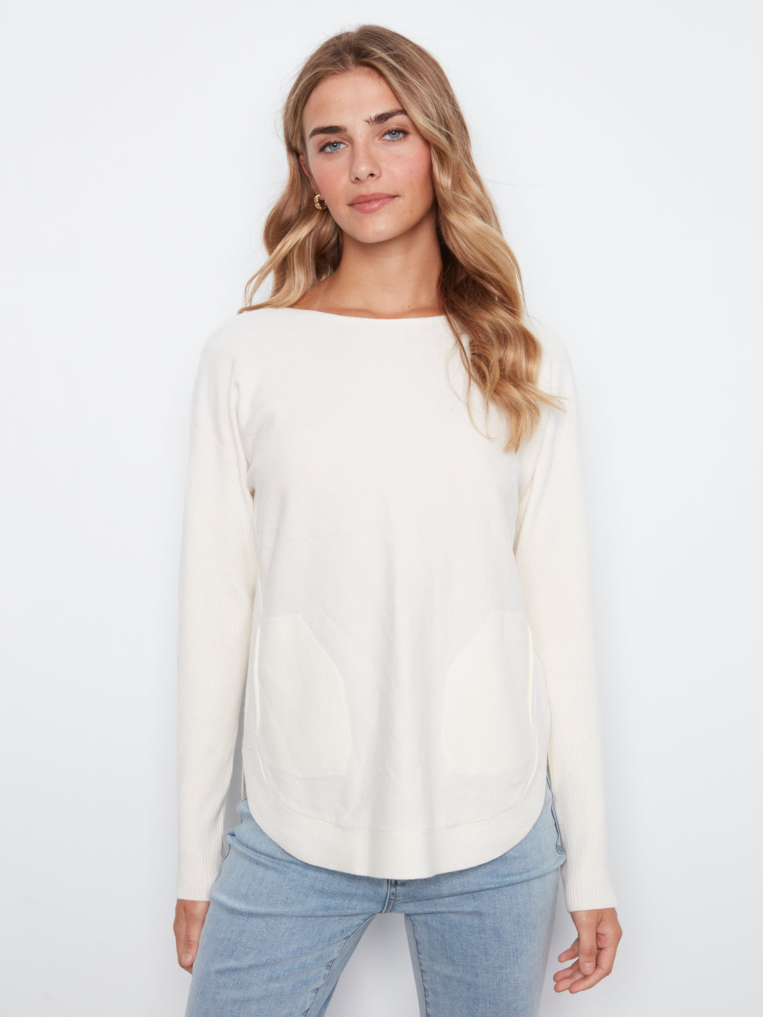 Long Sleeve Boat Neck Sweater With Pockets And Eyelets Detail At Back