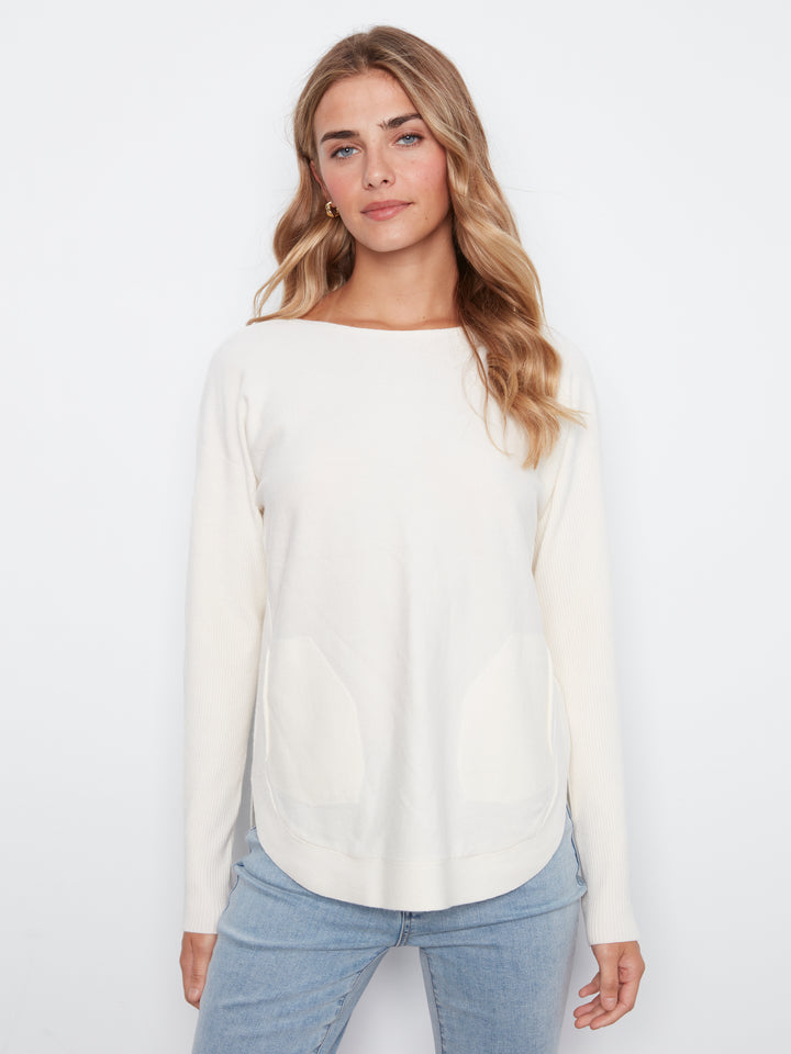 Long Sleeve Boat Neck Sweater With Pockets And Eyelets Detail At Back