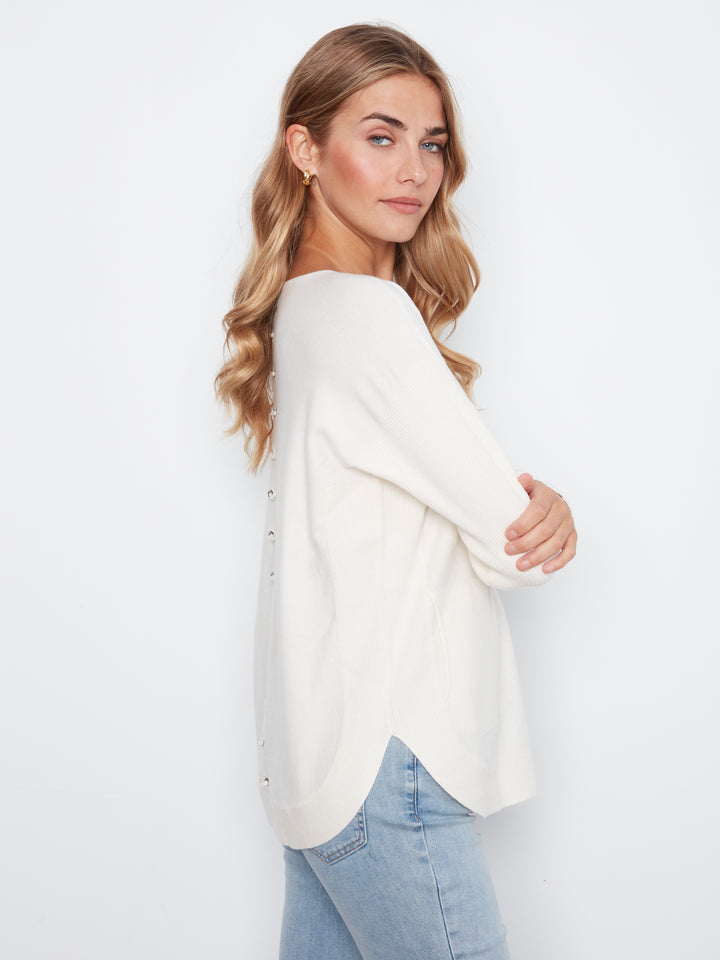 Long Sleeve Boat Neck Sweater With Pockets And Eyelets Detail At Back