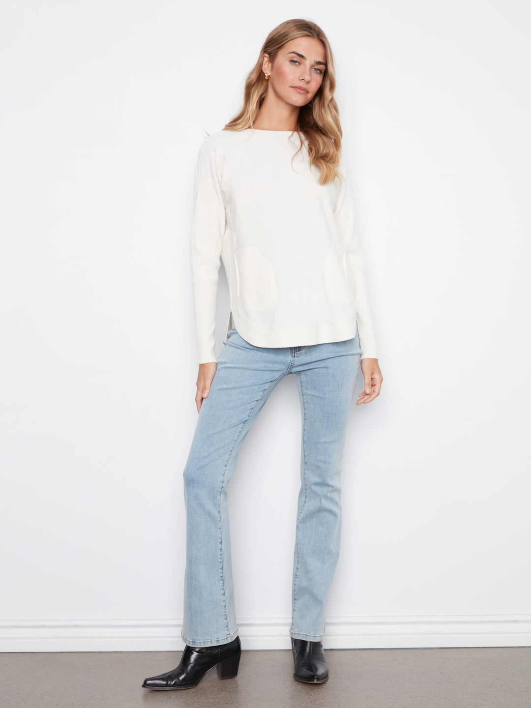 Long Sleeve Boat Neck Sweater With Pockets And Eyelets Detail At Back