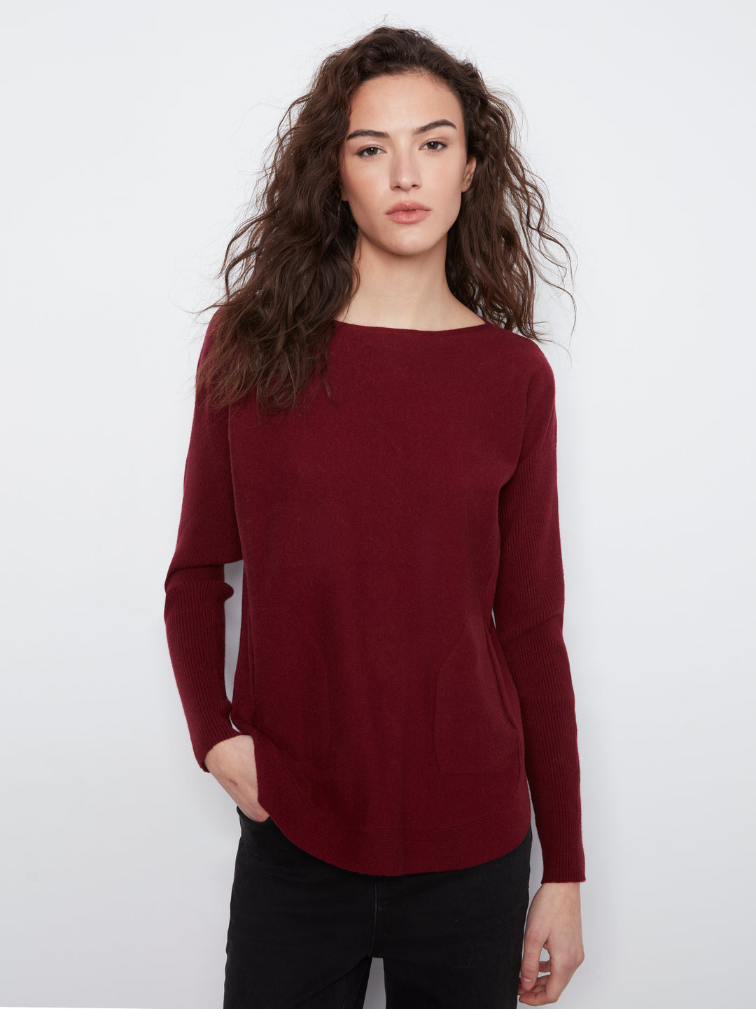 Long Sleeve Boat Neck Sweater With Pockets And Eyelets Detail At Back