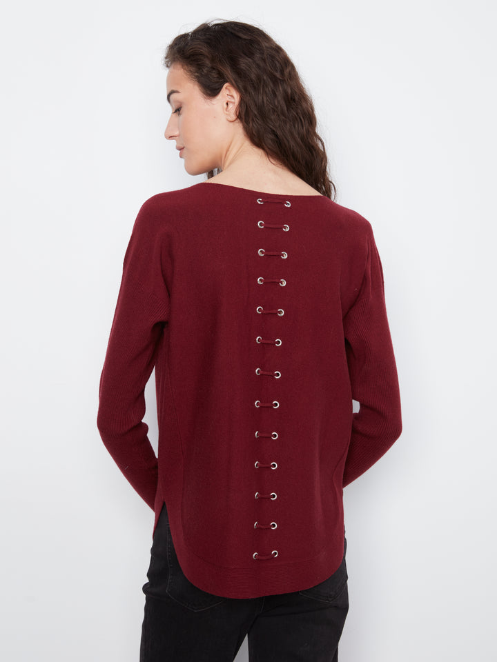 Long Sleeve Boat Neck Sweater With Pockets And Eyelets Detail At Back
