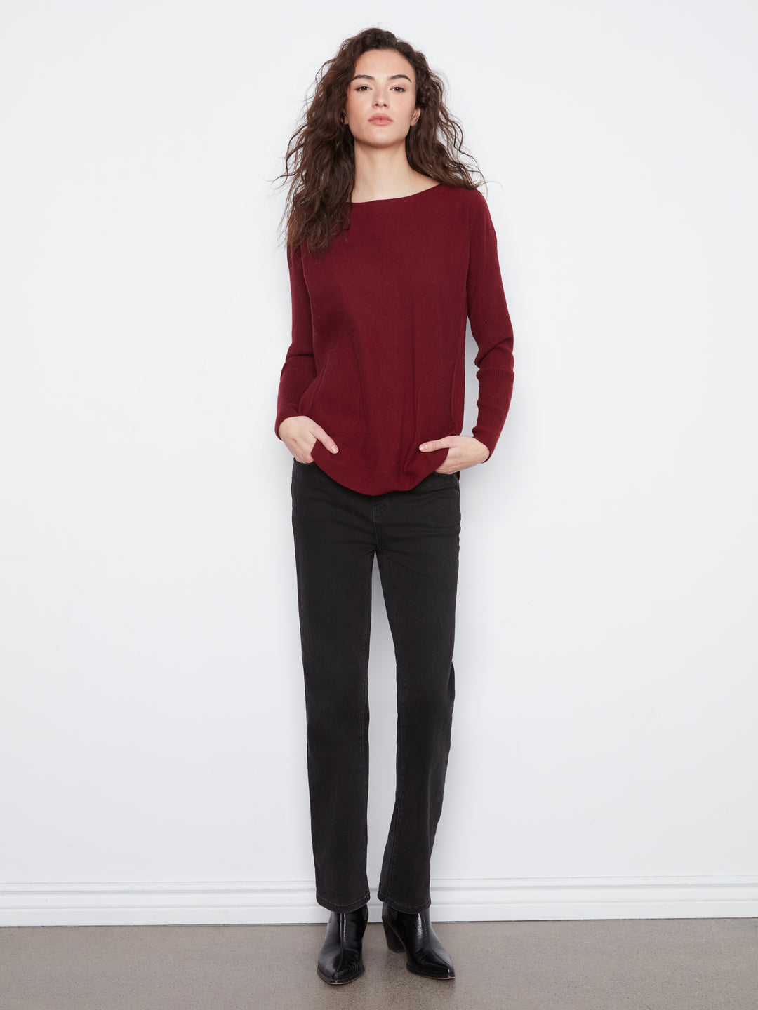 Long Sleeve Boat Neck Sweater With Pockets And Eyelets Detail At Back