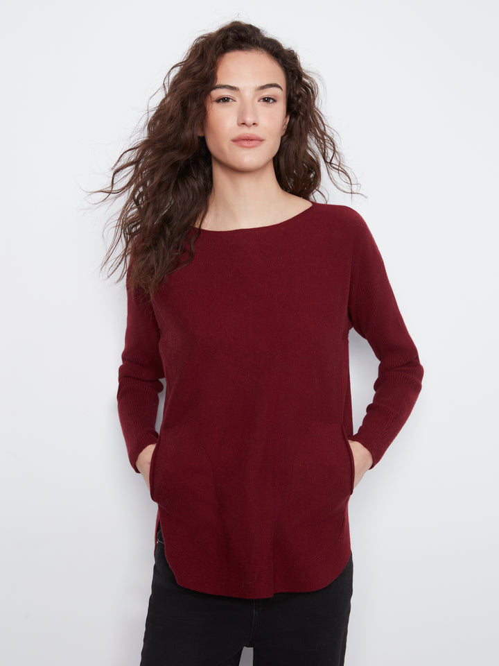 Long Sleeve Boat Neck Sweater With Pockets And Eyelets Detail At Back