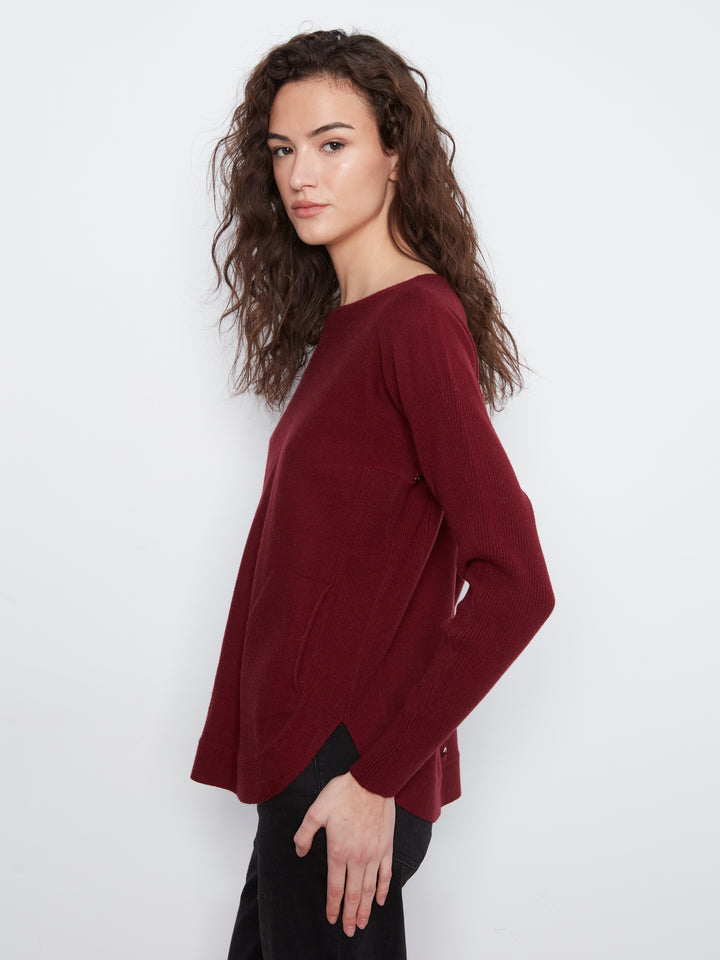 Long Sleeve Boat Neck Sweater With Pockets And Eyelets Detail At Back