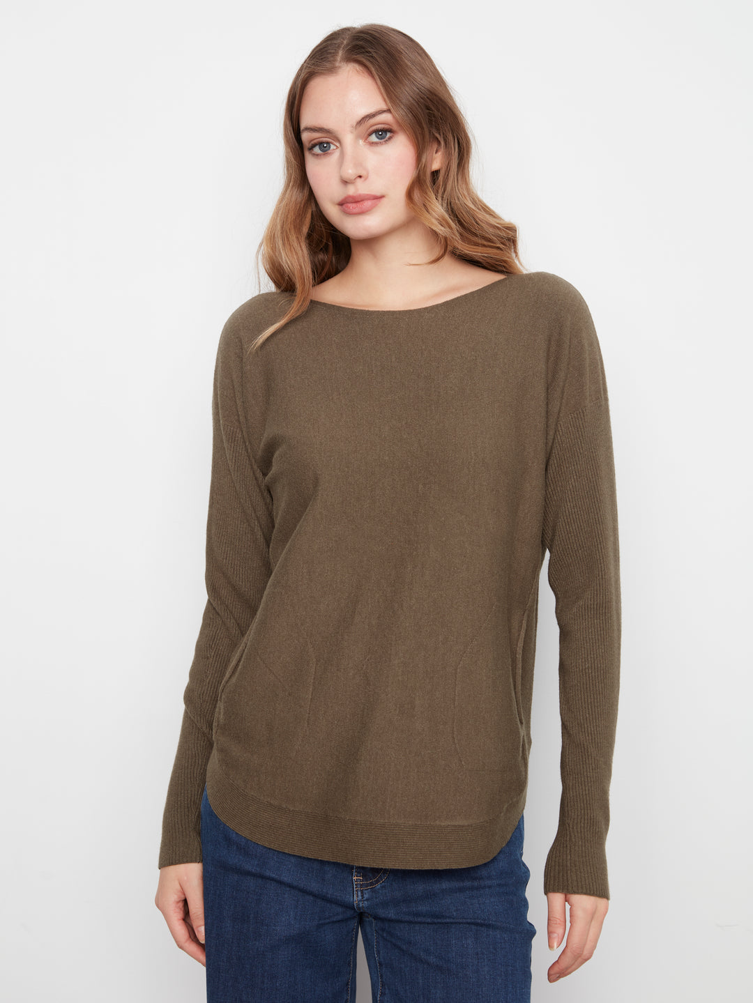 Long Sleeve Boat Neck Sweater With Pockets And Eyelets Detail At Back