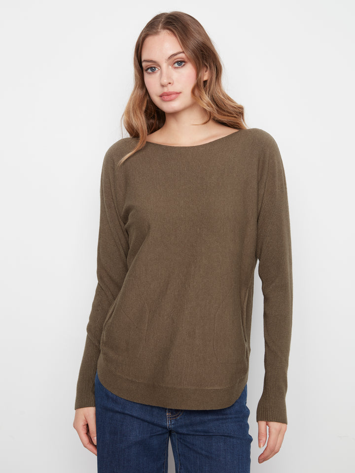 Long Sleeve Boat Neck Sweater With Pockets And Eyelets Detail At Back