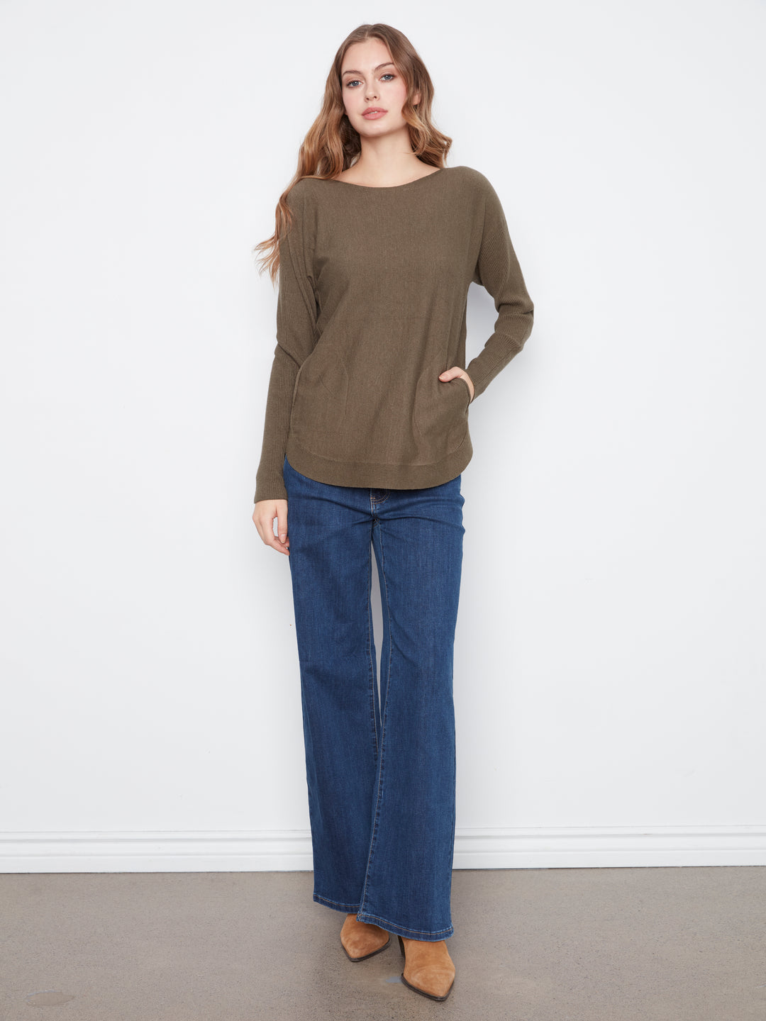 Long Sleeve Boat Neck Sweater With Pockets And Eyelets Detail At Back
