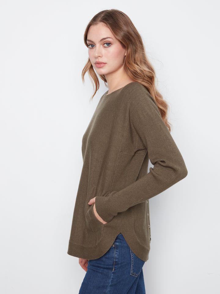 Long Sleeve Boat Neck Sweater With Pockets And Eyelets Detail At Back