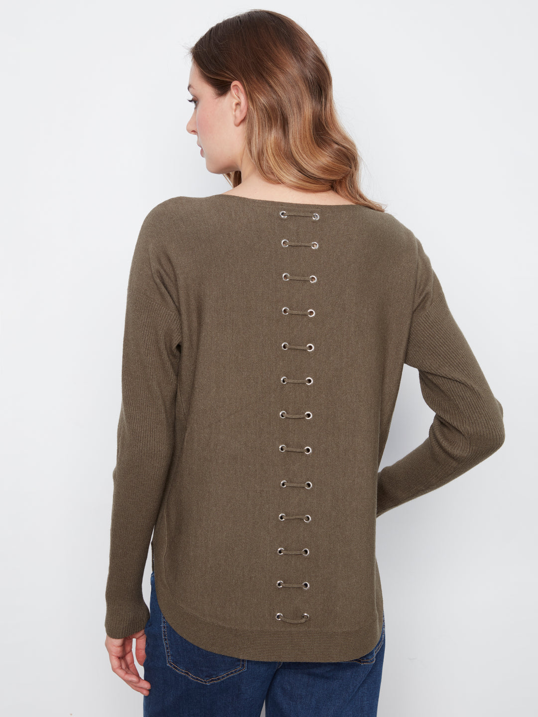 Long Sleeve Boat Neck Sweater With Pockets And Eyelets Detail At Back
