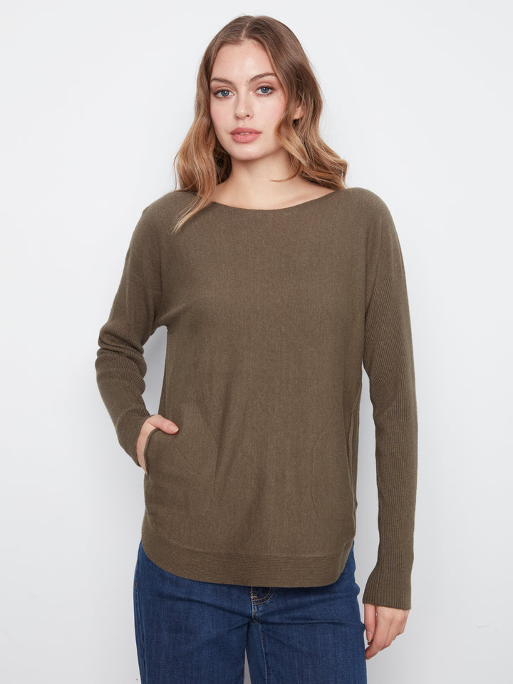 Long Sleeve Boat Neck Sweater With Pockets And Eyelets Detail At Back