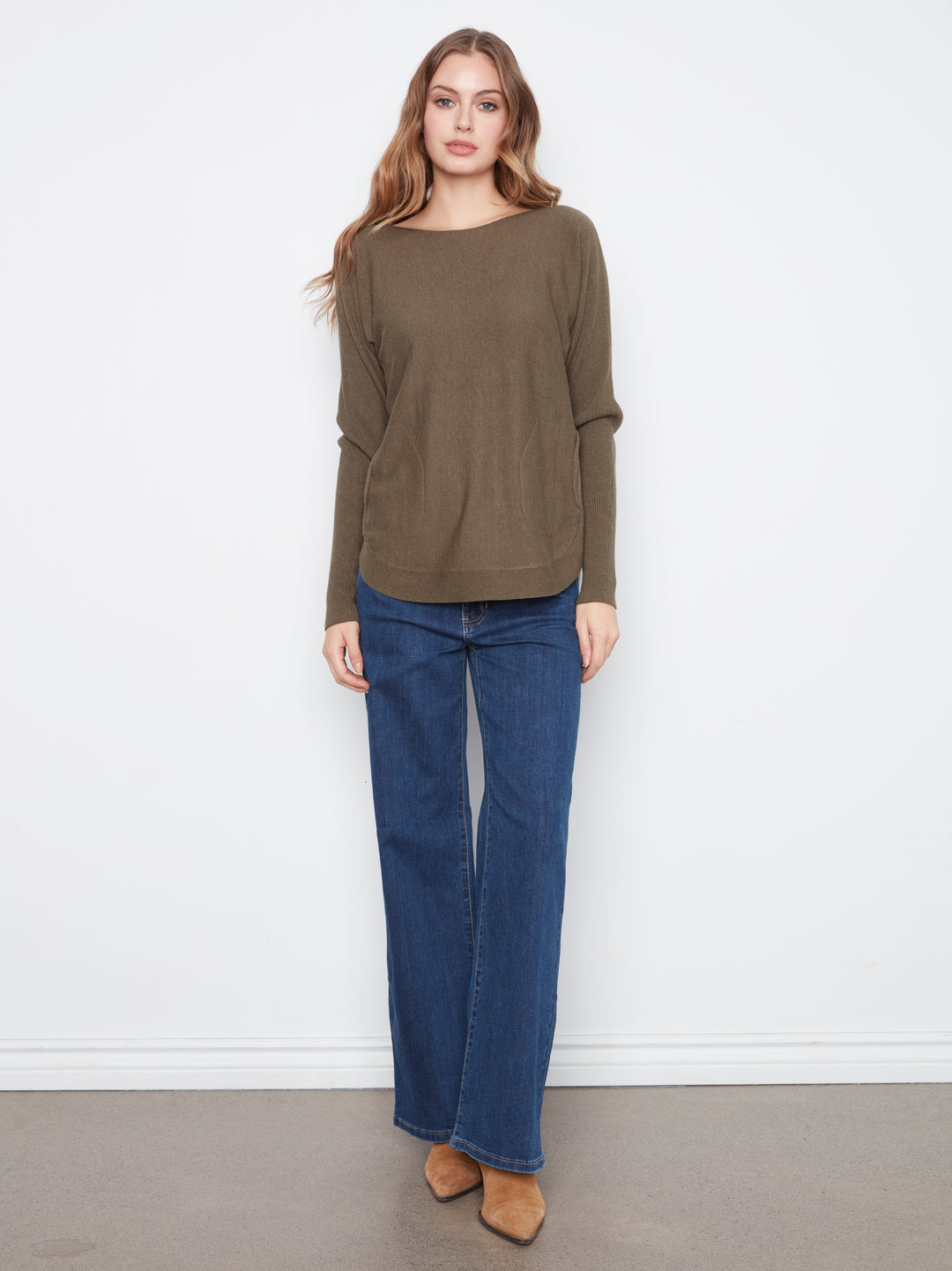 Long Sleeve Boat Neck Sweater With Pockets And Eyelets Detail At Back