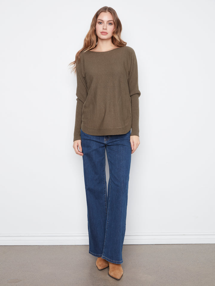 Long Sleeve Boat Neck Sweater With Pockets And Eyelets Detail At Back