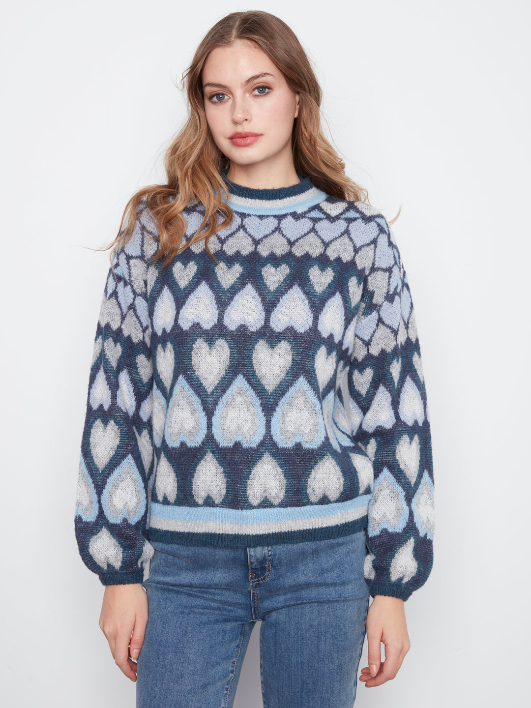 Heart Design Jacquard Mock Neck Sweater