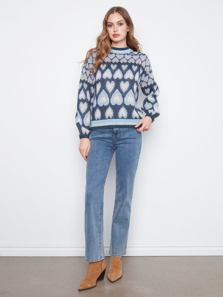 Heart Design Jacquard Mock Neck Sweater