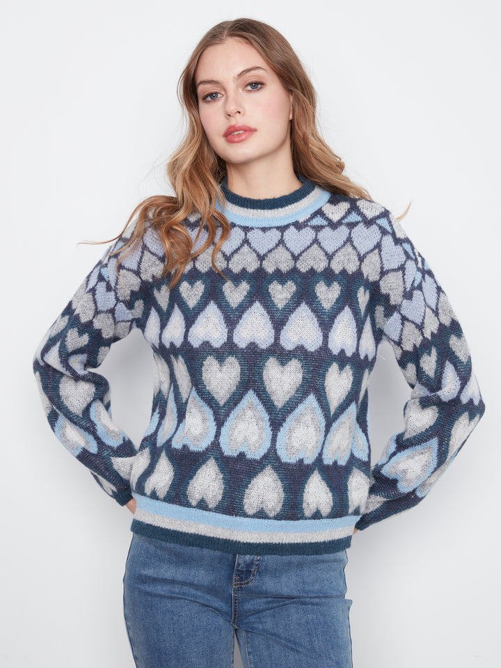 Heart Design Jacquard Mock Neck Sweater