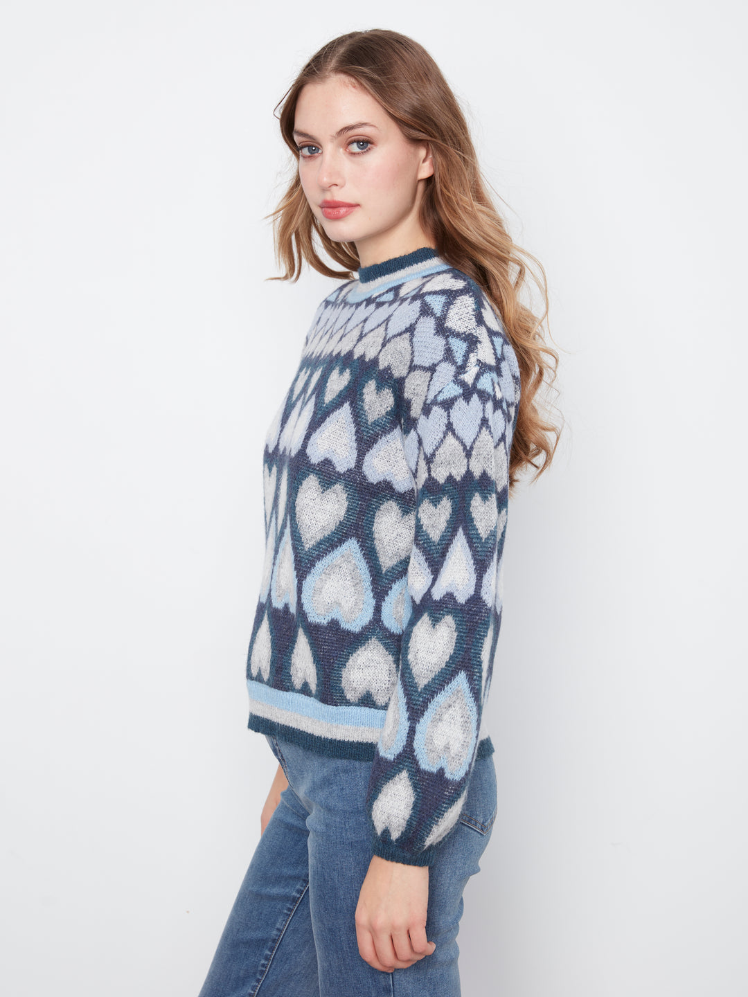 Heart Design Jacquard Mock Neck Sweater
