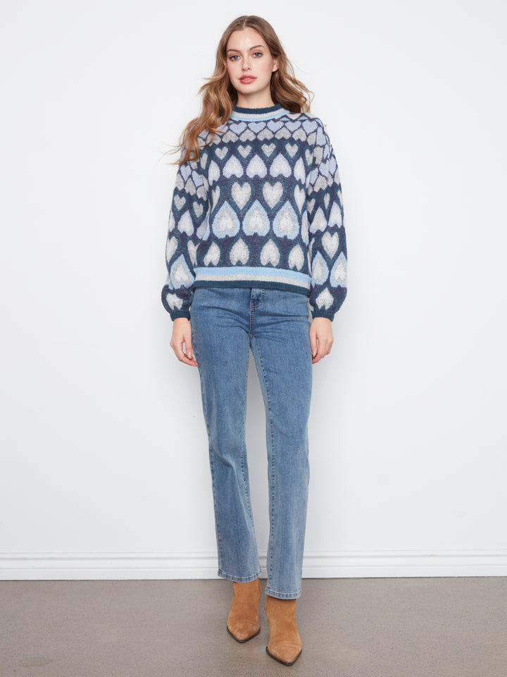 Heart Design Jacquard Mock Neck Sweater
