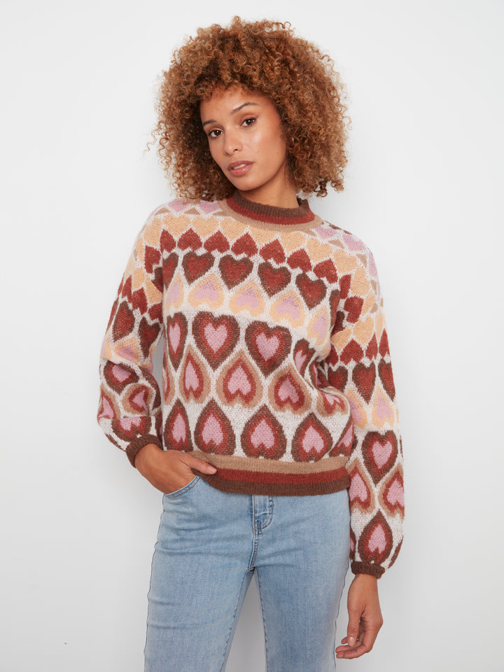 Heart Design Jacquard Mock Neck Sweater