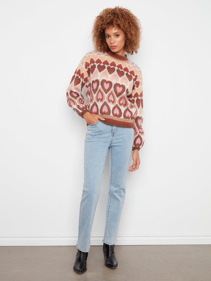 Heart Design Jacquard Mock Neck Sweater