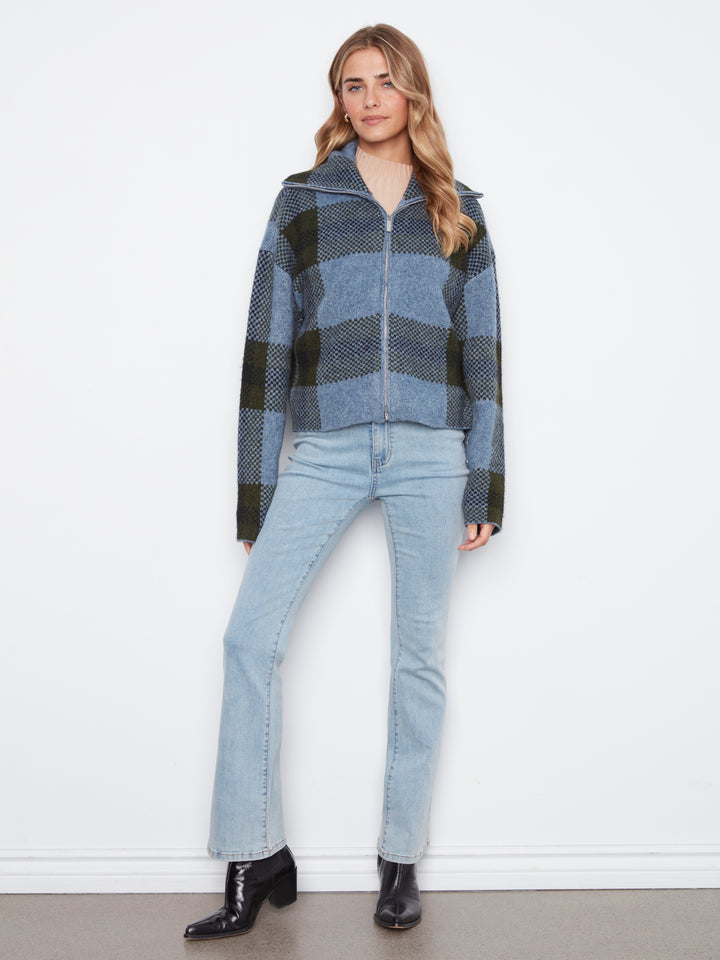 Long Sleeve Front Zip High Collar Cardigan In Plaid Sweater Jacquard