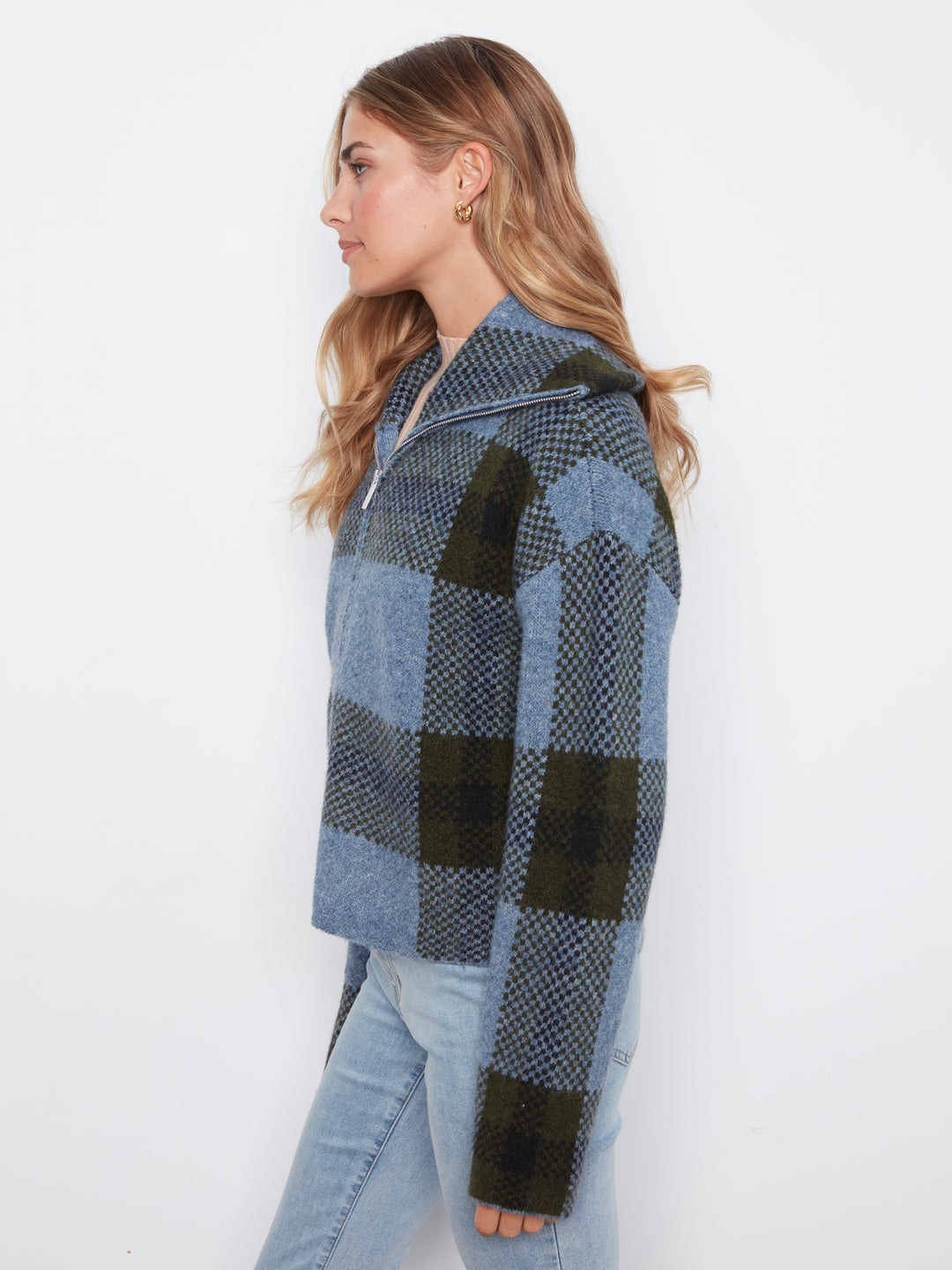 Long Sleeve Front Zip High Collar Cardigan In Plaid Sweater Jacquard