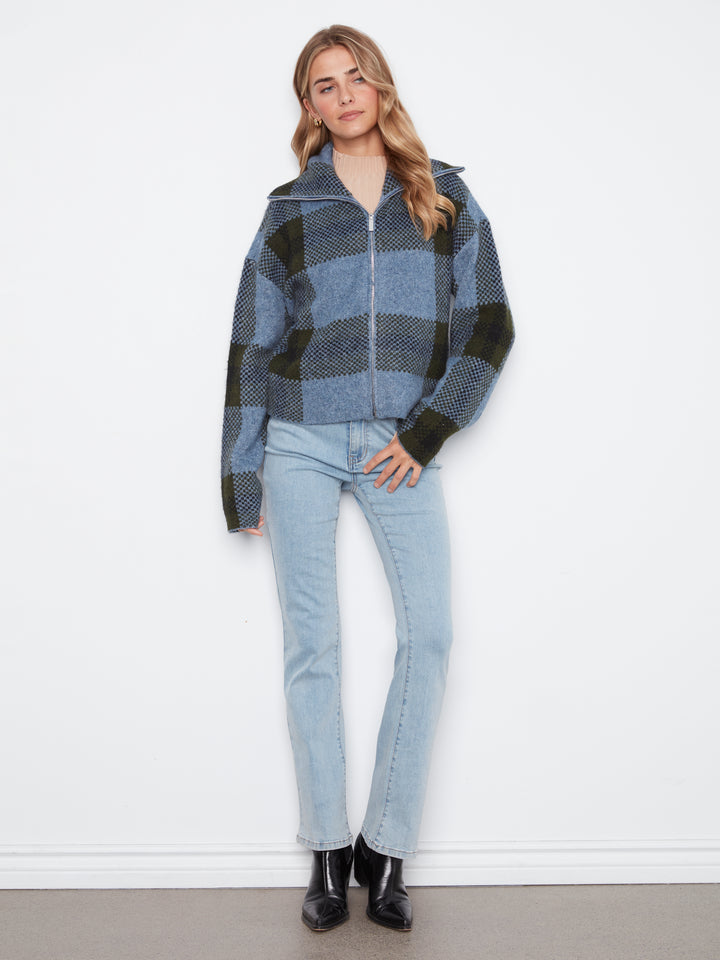 Long Sleeve Front Zip High Collar Cardigan In Plaid Sweater Jacquard