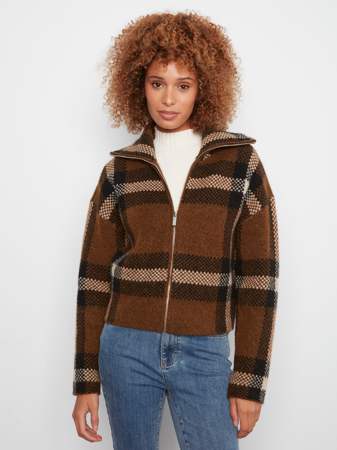 Long Sleeve Front Zip High Collar Cardigan In Plaid Sweater Jacquard