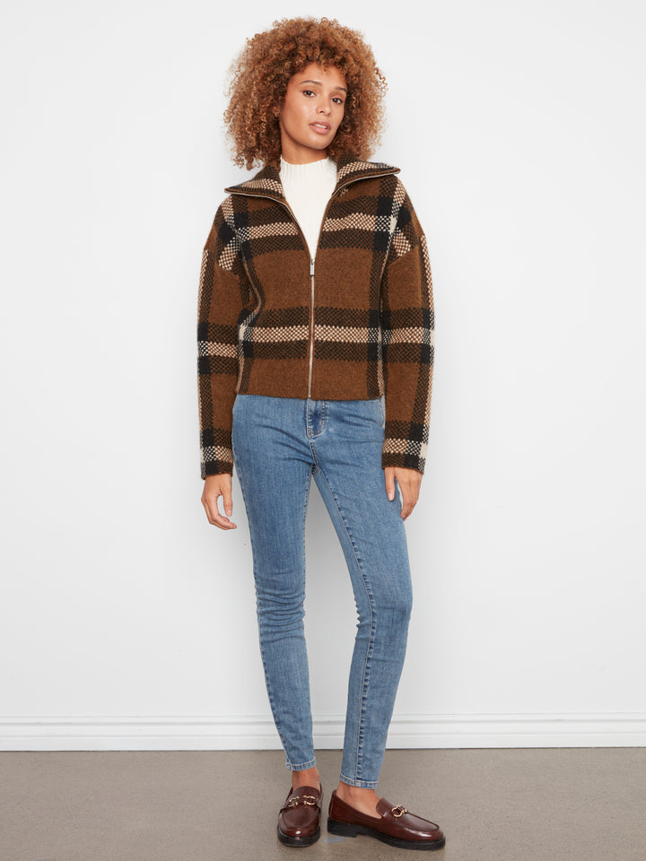 Long Sleeve Front Zip High Collar Cardigan In Plaid Sweater Jacquard