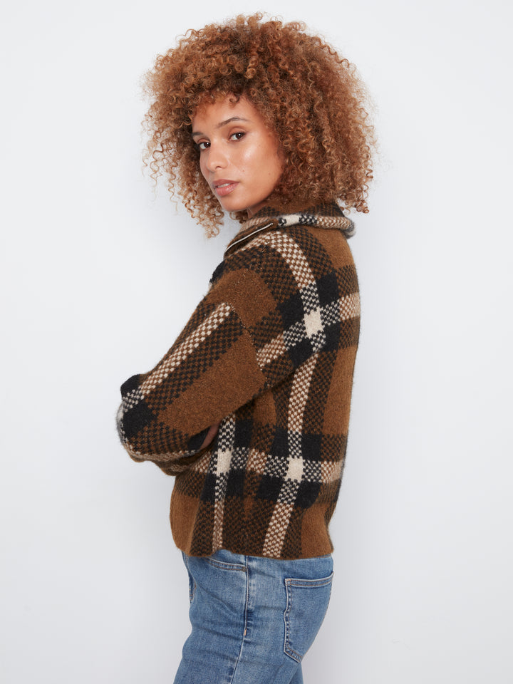 Long Sleeve Front Zip High Collar Cardigan In Plaid Sweater Jacquard
