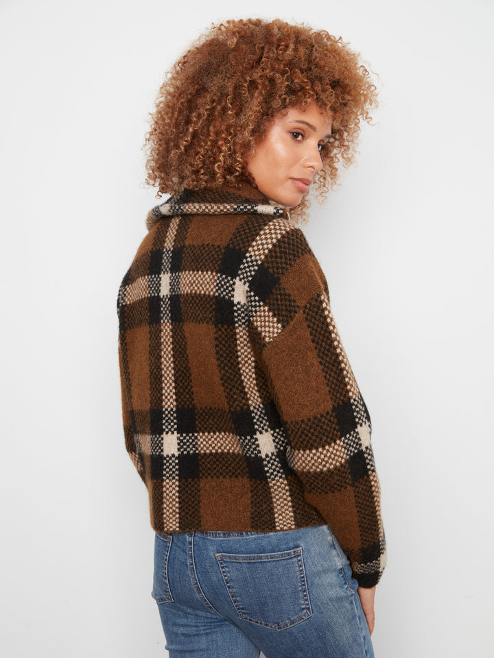 Long Sleeve Front Zip High Collar Cardigan In Plaid Sweater Jacquard