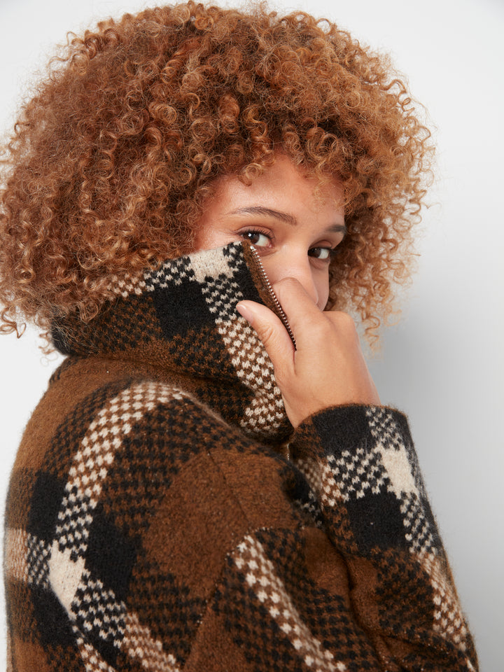 Long Sleeve Front Zip High Collar Cardigan In Plaid Sweater Jacquard