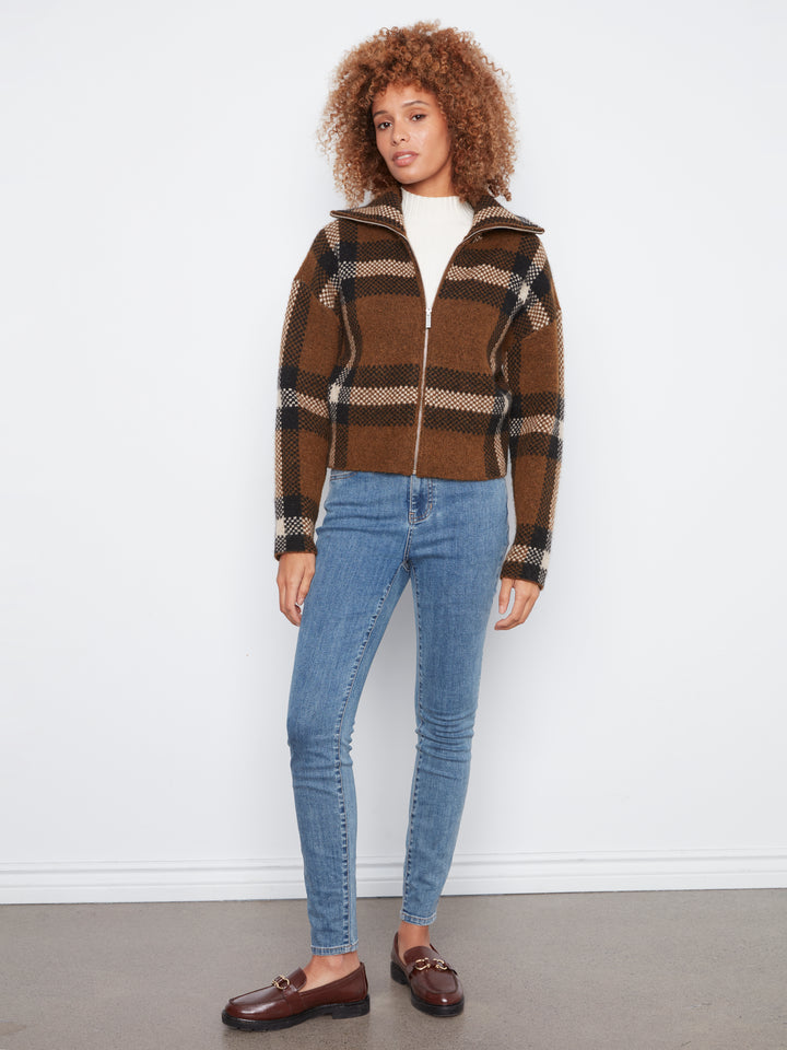 Long Sleeve Front Zip High Collar Cardigan In Plaid Sweater Jacquard