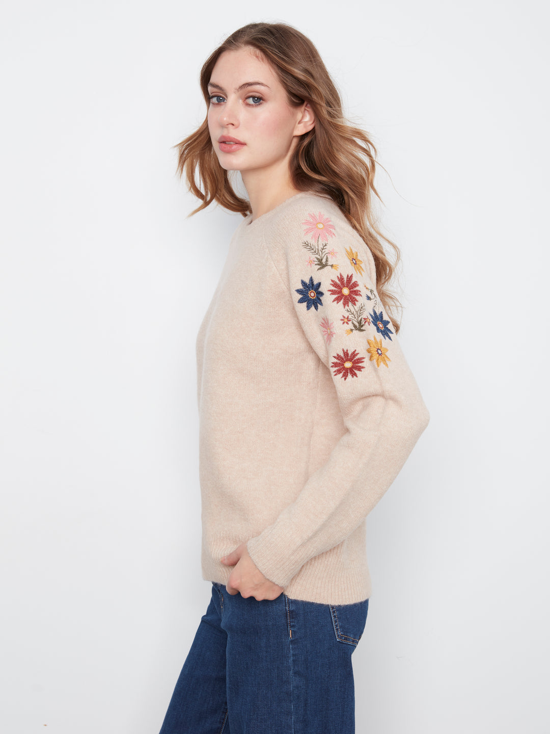 Long Sleeve Raglan Sweater w/ Embroidery