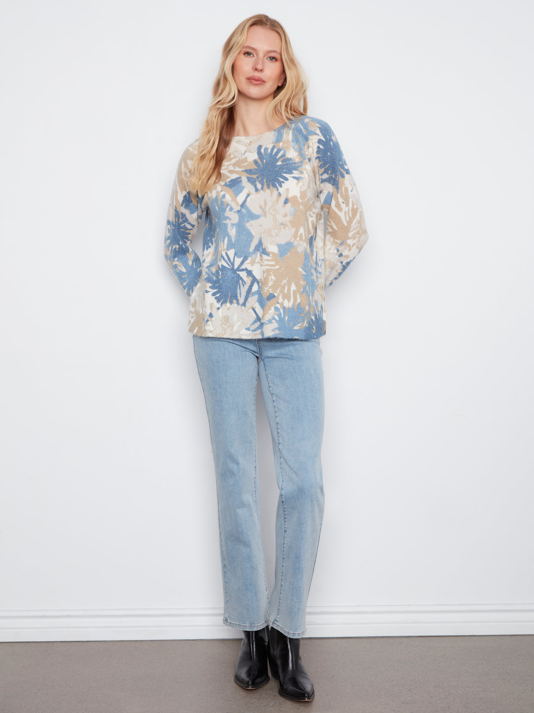 Reversible Printed Raglan Long Sleeve Crew Neck Sweater