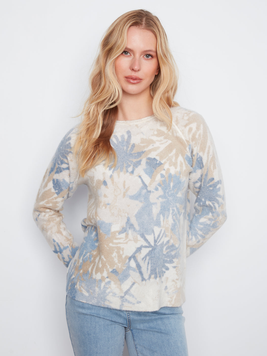 Reversible Printed Raglan Long Sleeve Crew Neck Sweater