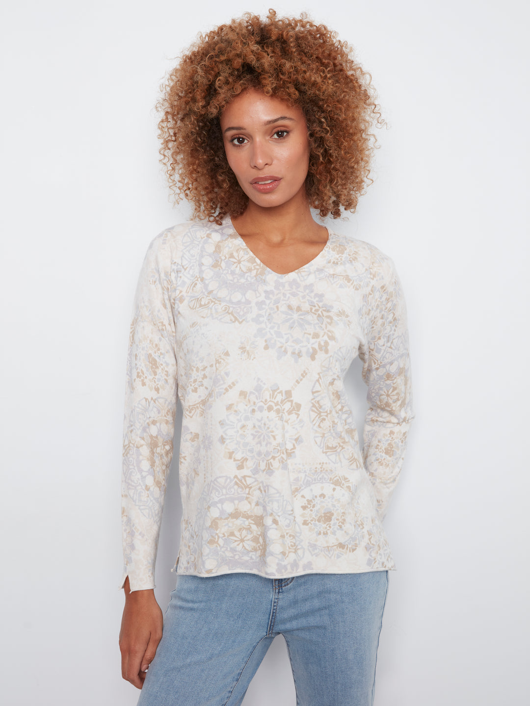 Printed Long Sleeve V Neck Sweater