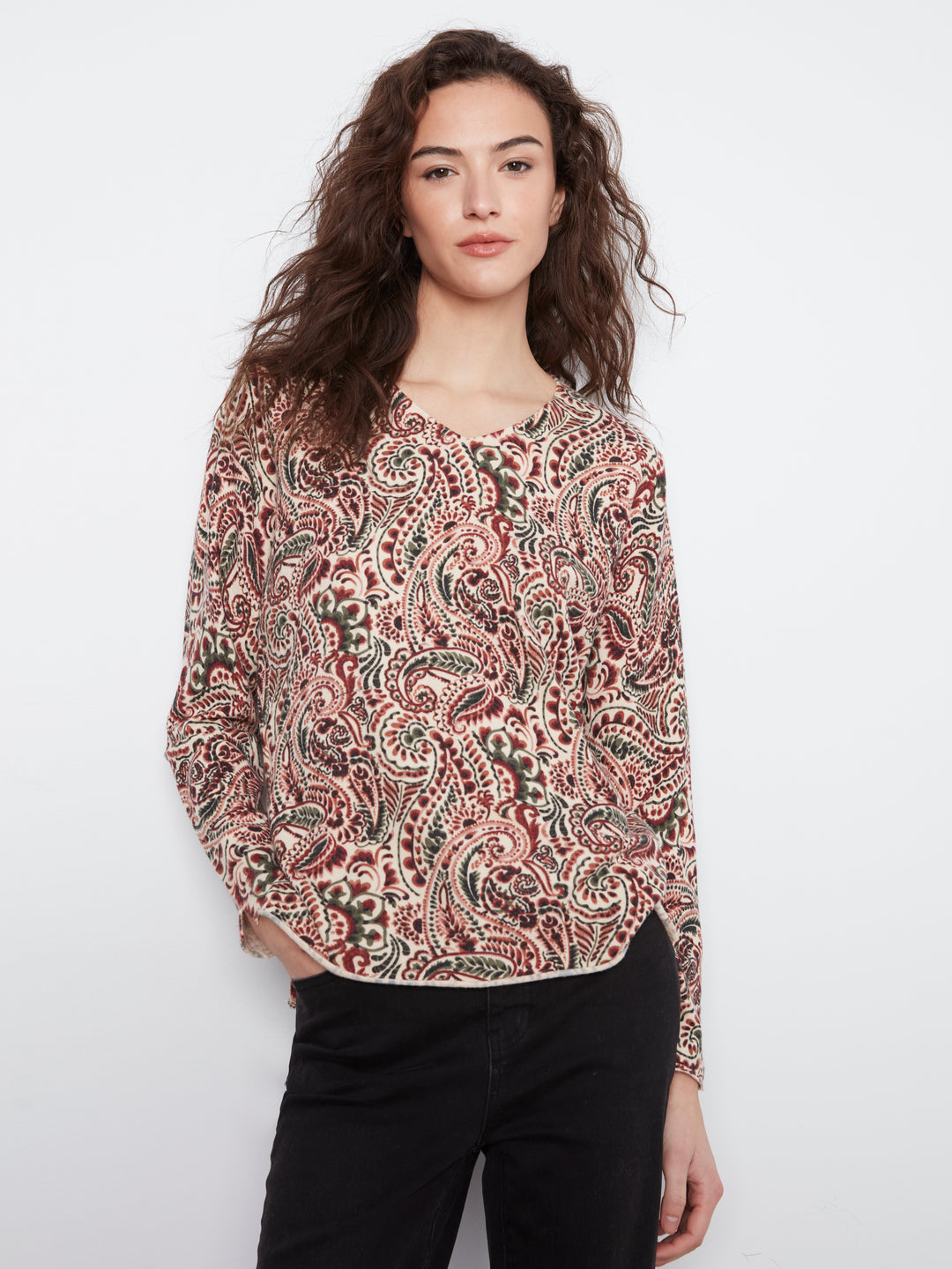 Printed Long Sleeve V Neck Sweater