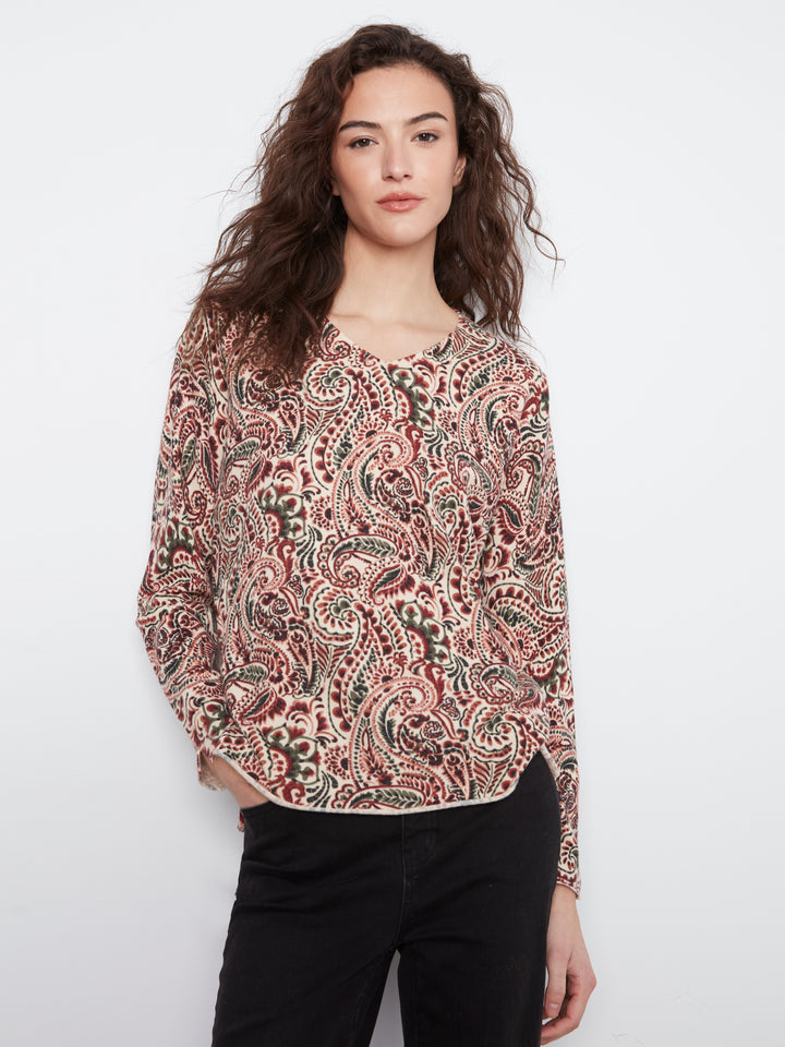 Printed Long Sleeve V Neck Sweater