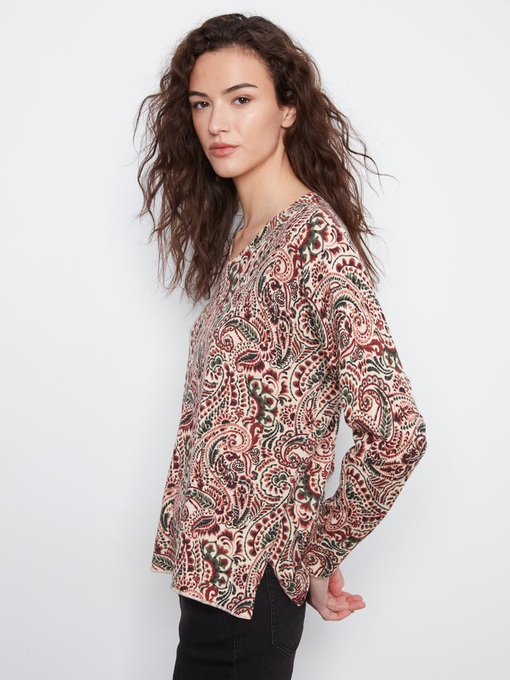 Printed Long Sleeve V Neck Sweater