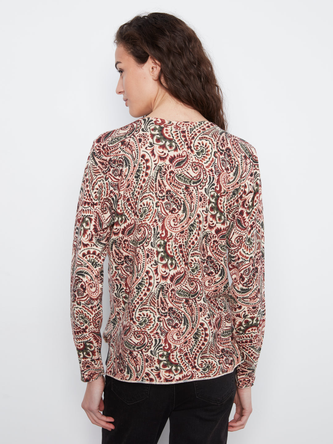 Printed Long Sleeve V Neck Sweater