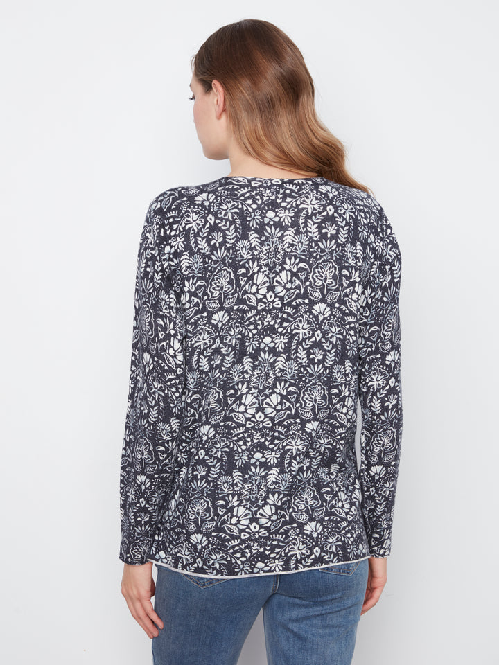Printed Long Sleeve V Neck Sweater