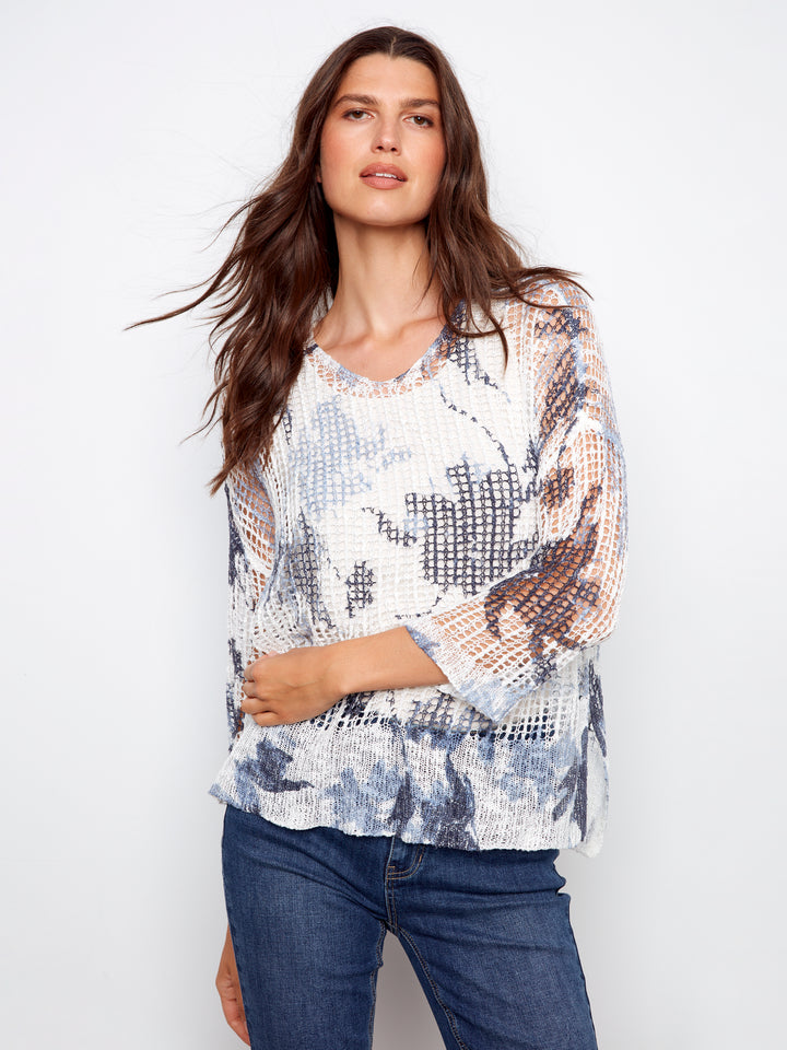 Printed 3/4 Sleeve Fishnet V-Neck Sweater