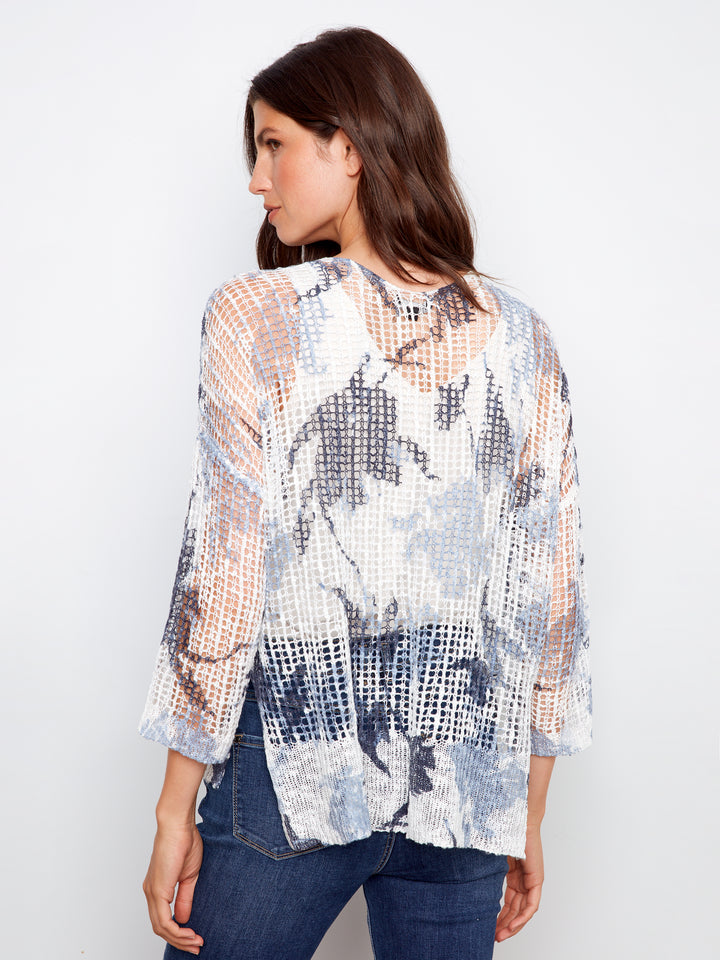 Printed 3/4 Sleeve Fishnet V-Neck Sweater