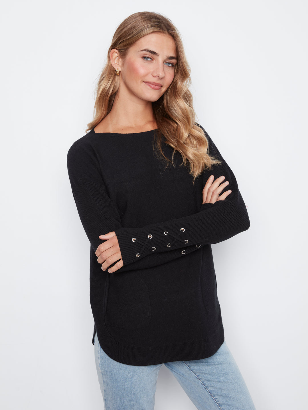 Long Sleeve Rounded Hem Boat Neck Sweater With Front Pockets And Sleeve Lacing Detai