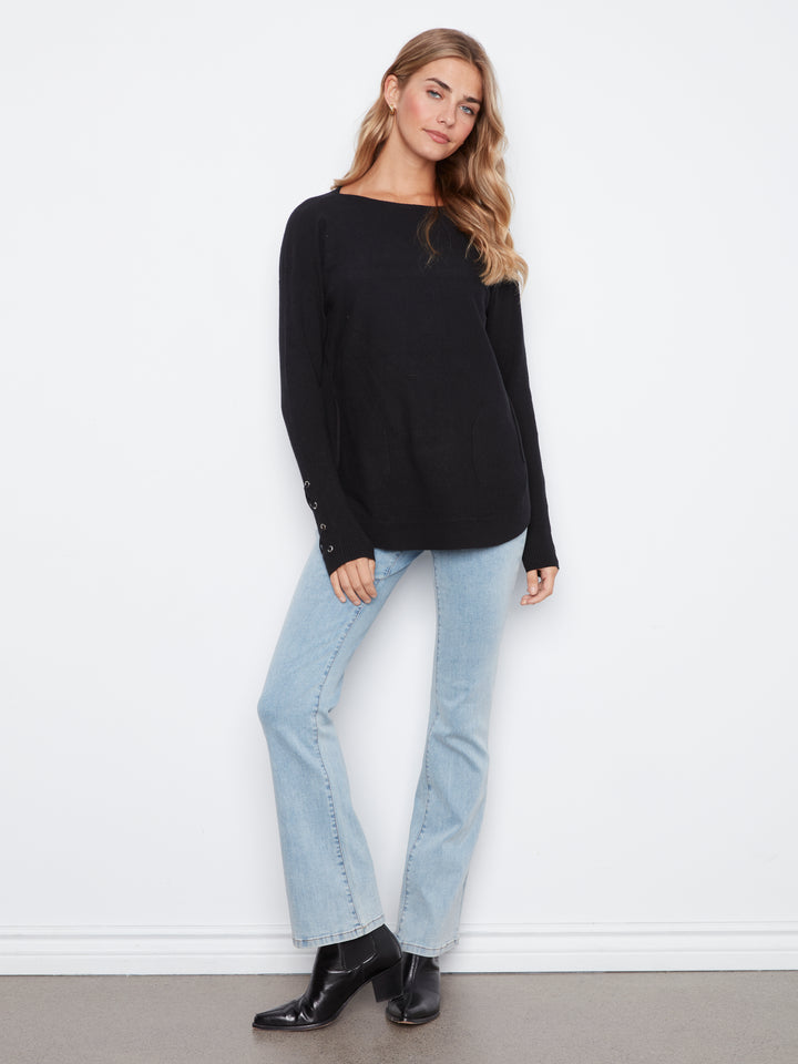 Long Sleeve Rounded Hem Boat Neck Sweater With Front Pockets And Sleeve Lacing Detai